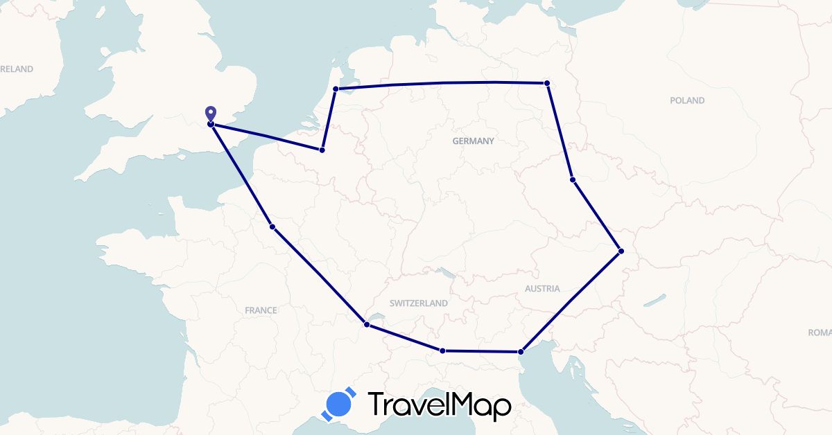 TravelMap itinerary: driving in Austria, Belgium, Switzerland, Czech Republic, Germany, France, United Kingdom, Italy, Netherlands (Europe)